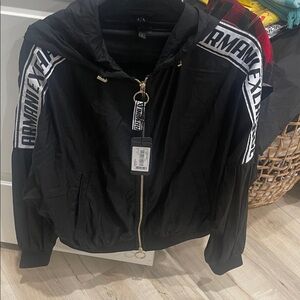 A/X Armani Exchange Black Hooded Windbreaker with White Logo Tape